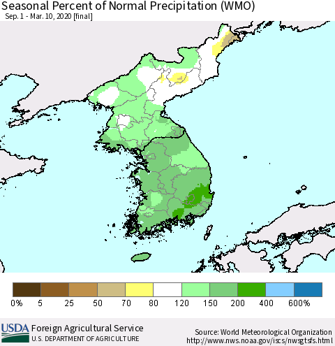 Korea Seasonal Percent of Normal Precipitation (WMO) Thematic Map For 9/1/2019 - 3/10/2020