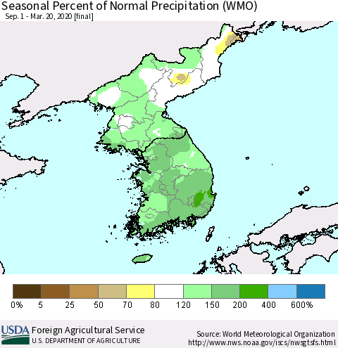 Korea Seasonal Percent of Normal Precipitation (WMO) Thematic Map For 9/1/2019 - 3/20/2020