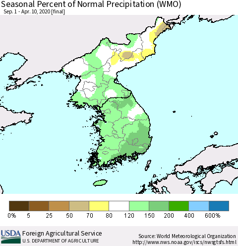 Korea Seasonal Percent of Normal Precipitation (WMO) Thematic Map For 9/1/2019 - 4/10/2020
