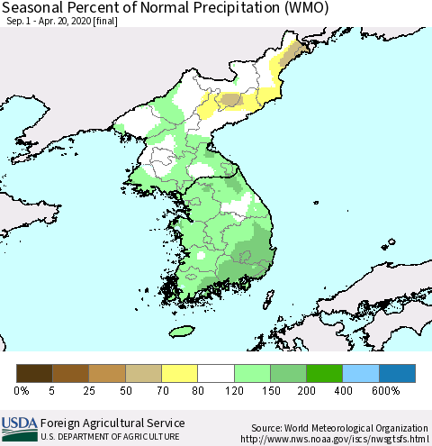 Korea Seasonal Percent of Normal Precipitation (WMO) Thematic Map For 9/1/2019 - 4/20/2020