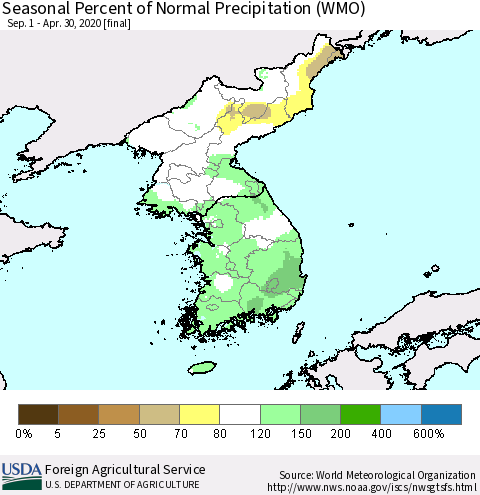 Korea Seasonal Percent of Normal Precipitation (WMO) Thematic Map For 9/1/2019 - 4/30/2020