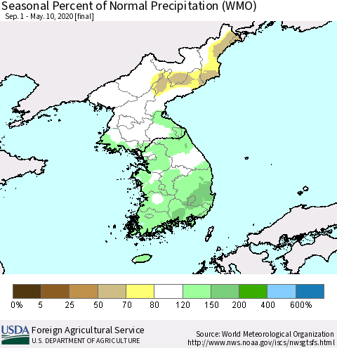 Korea Seasonal Percent of Normal Precipitation (WMO) Thematic Map For 9/1/2019 - 5/10/2020