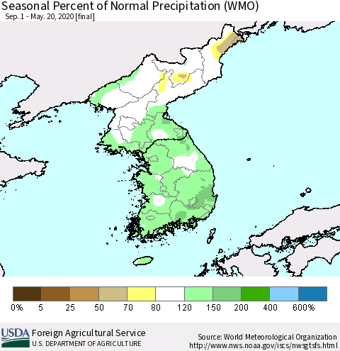 Korea Seasonal Percent of Normal Precipitation (WMO) Thematic Map For 9/1/2019 - 5/20/2020