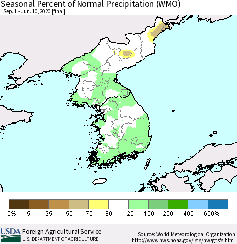 Korea Seasonal Percent of Normal Precipitation (WMO) Thematic Map For 9/1/2019 - 6/10/2020