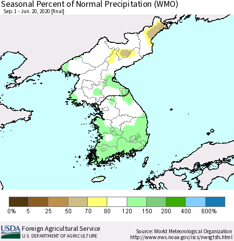 Korea Seasonal Percent of Normal Precipitation (WMO) Thematic Map For 9/1/2019 - 6/20/2020