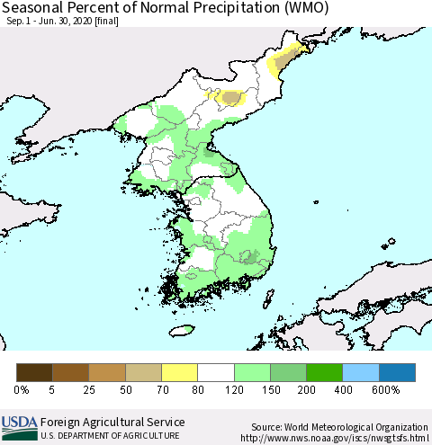 Korea Seasonal Percent of Normal Precipitation (WMO) Thematic Map For 9/1/2019 - 6/30/2020