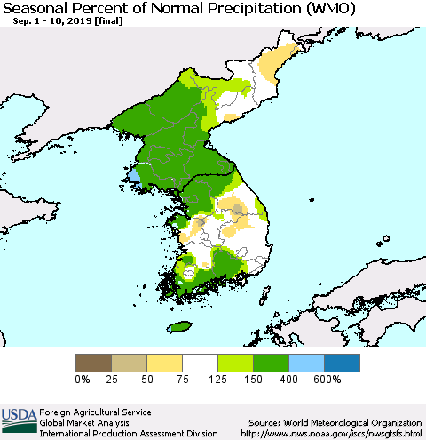 Korea Seasonal Percent of Normal Precipitation (WMO) Thematic Map For 9/1/2019 - 9/10/2019