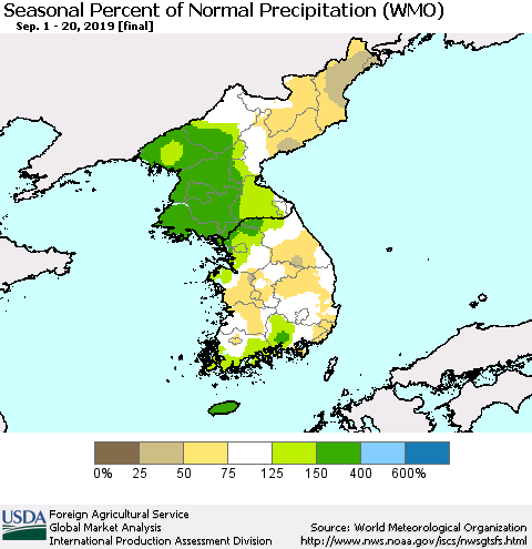 Korea Seasonal Percent of Normal Precipitation (WMO) Thematic Map For 9/1/2019 - 9/20/2019
