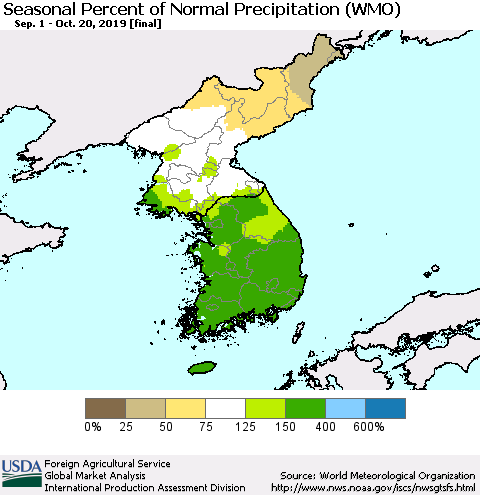 Korea Seasonal Percent of Normal Precipitation (WMO) Thematic Map For 9/1/2019 - 10/20/2019