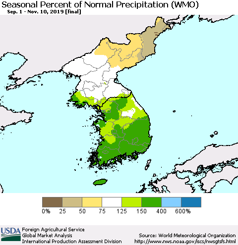 Korea Seasonal Percent of Normal Precipitation (WMO) Thematic Map For 9/1/2019 - 11/10/2019