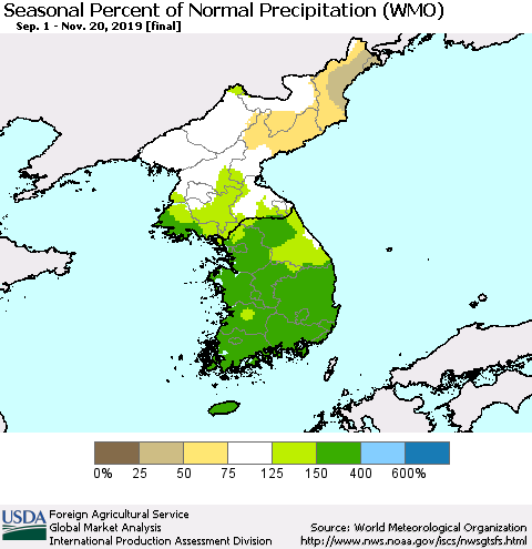 Korea Seasonal Percent of Normal Precipitation (WMO) Thematic Map For 9/1/2019 - 11/20/2019