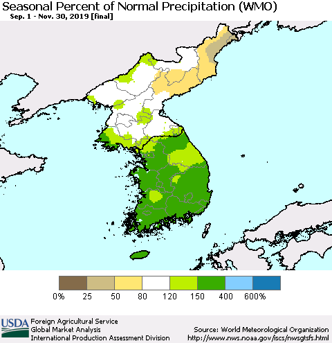 Korea Seasonal Percent of Normal Precipitation (WMO) Thematic Map For 9/1/2019 - 11/30/2019