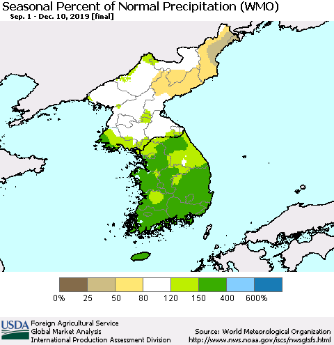 Korea Seasonal Percent of Normal Precipitation (WMO) Thematic Map For 9/1/2019 - 12/10/2019