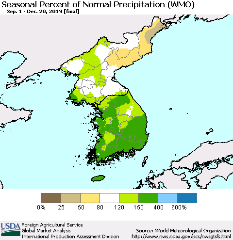 Korea Seasonal Percent of Normal Precipitation (WMO) Thematic Map For 9/1/2019 - 12/20/2019