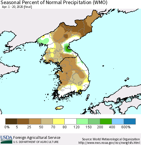 Korea Seasonal Percent of Normal Precipitation (WMO) Thematic Map For 4/1/2020 - 4/20/2020