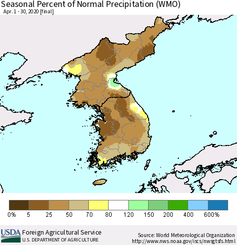 Korea Seasonal Percent of Normal Precipitation (WMO) Thematic Map For 4/1/2020 - 4/30/2020