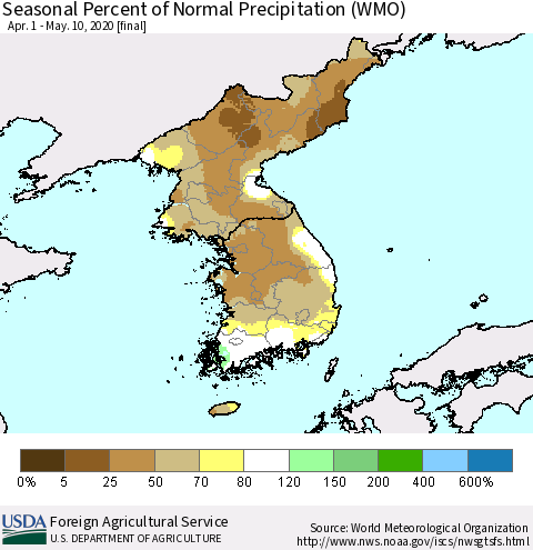 Korea Seasonal Percent of Normal Precipitation (WMO) Thematic Map For 4/1/2020 - 5/10/2020
