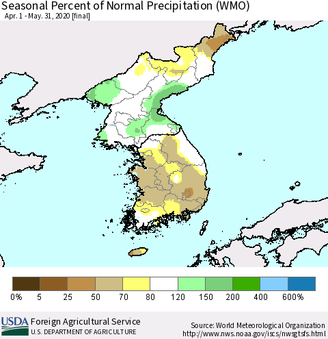 Korea Seasonal Percent of Normal Precipitation (WMO) Thematic Map For 4/1/2020 - 5/31/2020