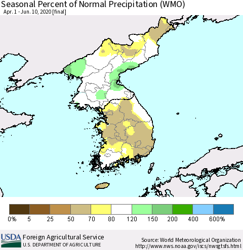 Korea Seasonal Percent of Normal Precipitation (WMO) Thematic Map For 4/1/2020 - 6/10/2020
