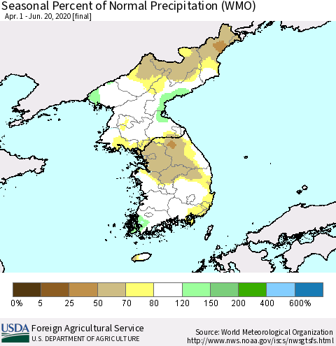 Korea Seasonal Percent of Normal Precipitation (WMO) Thematic Map For 4/1/2020 - 6/20/2020