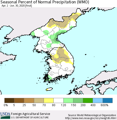 Korea Seasonal Percent of Normal Precipitation (WMO) Thematic Map For 4/1/2020 - 6/30/2020