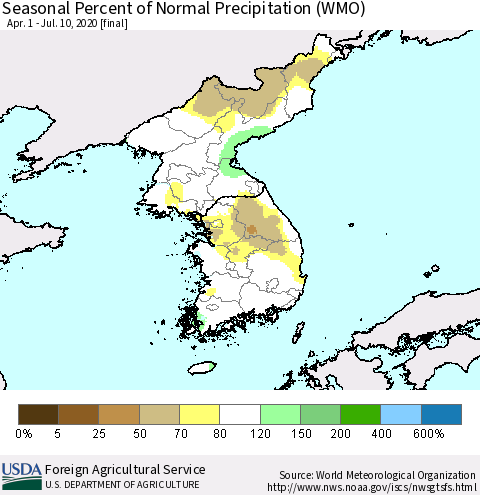 Korea Seasonal Percent of Normal Precipitation (WMO) Thematic Map For 4/1/2020 - 7/10/2020