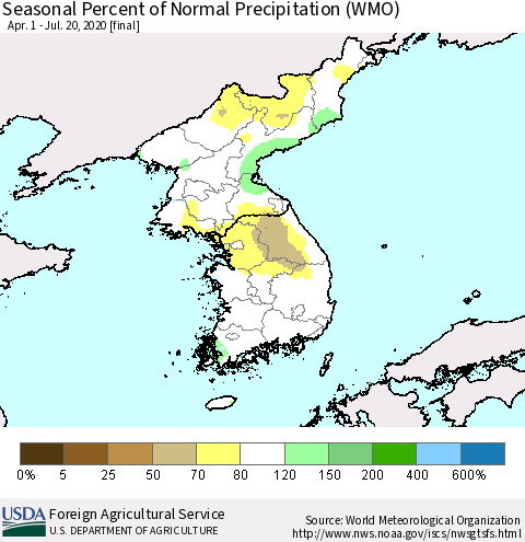 Korea Seasonal Percent of Normal Precipitation (WMO) Thematic Map For 4/1/2020 - 7/20/2020