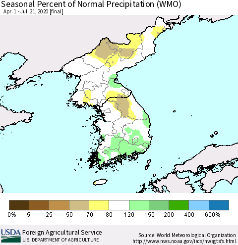 Korea Seasonal Percent of Normal Precipitation (WMO) Thematic Map For 4/1/2020 - 7/31/2020