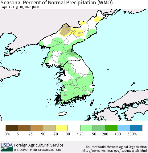 Korea Seasonal Percent of Normal Precipitation (WMO) Thematic Map For 4/1/2020 - 8/10/2020