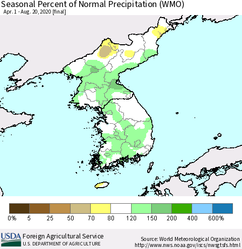 Korea Seasonal Percent of Normal Precipitation (WMO) Thematic Map For 4/1/2020 - 8/20/2020