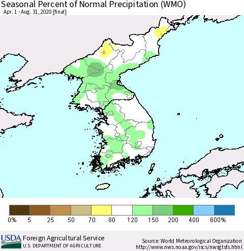 Korea Seasonal Percent of Normal Precipitation (WMO) Thematic Map For 4/1/2020 - 8/31/2020
