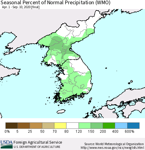 Korea Seasonal Percent of Normal Precipitation (WMO) Thematic Map For 4/1/2020 - 9/10/2020