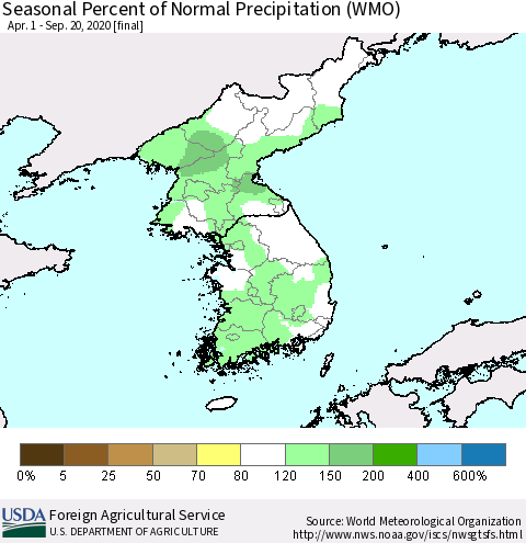 Korea Seasonal Percent of Normal Precipitation (WMO) Thematic Map For 4/1/2020 - 9/20/2020