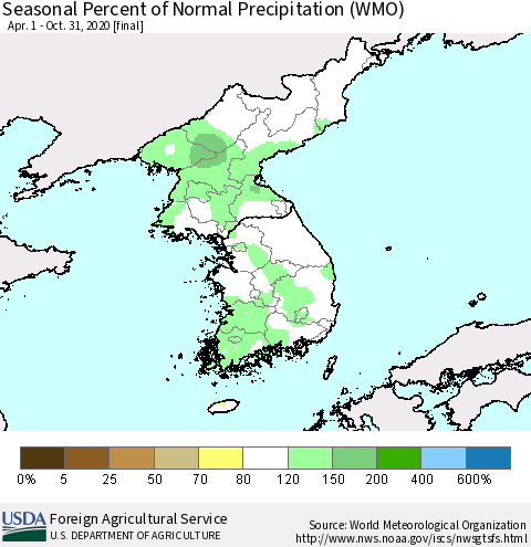Korea Seasonal Percent of Normal Precipitation (WMO) Thematic Map For 4/1/2020 - 10/31/2020