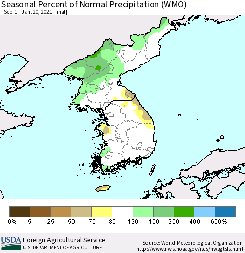 Korea Seasonal Percent of Normal Precipitation (WMO) Thematic Map For 9/1/2020 - 1/20/2021