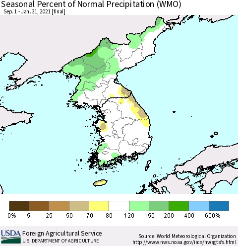 Korea Seasonal Percent of Normal Precipitation (WMO) Thematic Map For 9/1/2020 - 1/31/2021