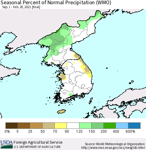 Korea Seasonal Percent of Normal Precipitation (WMO) Thematic Map For 9/1/2020 - 2/20/2021