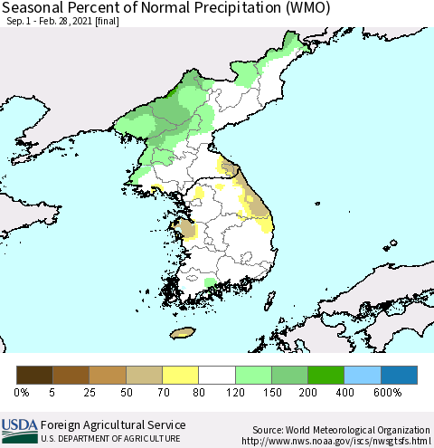 Korea Seasonal Percent of Normal Precipitation (WMO) Thematic Map For 9/1/2020 - 2/28/2021
