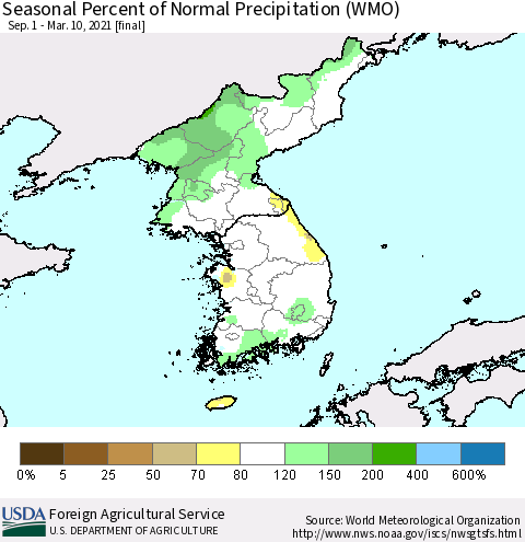 Korea Seasonal Percent of Normal Precipitation (WMO) Thematic Map For 9/1/2020 - 3/10/2021