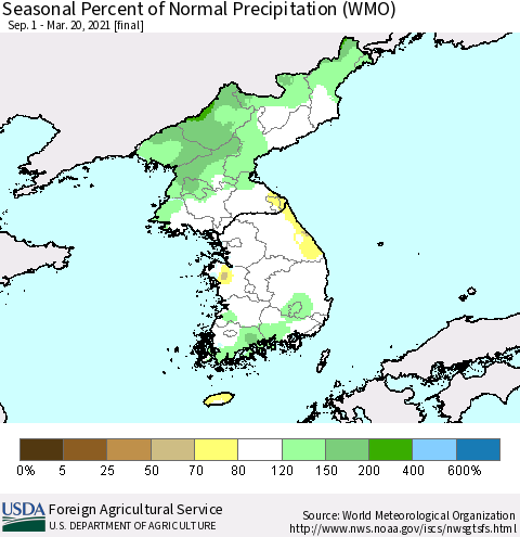 Korea Seasonal Percent of Normal Precipitation (WMO) Thematic Map For 9/1/2020 - 3/20/2021