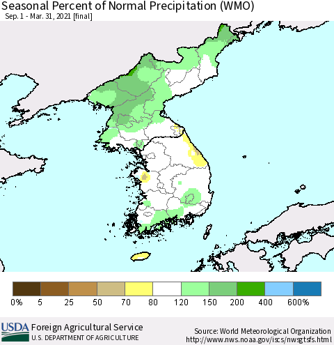 Korea Seasonal Percent of Normal Precipitation (WMO) Thematic Map For 9/1/2020 - 3/31/2021