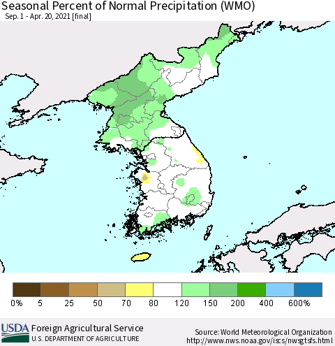 Korea Seasonal Percent of Normal Precipitation (WMO) Thematic Map For 9/1/2020 - 4/20/2021