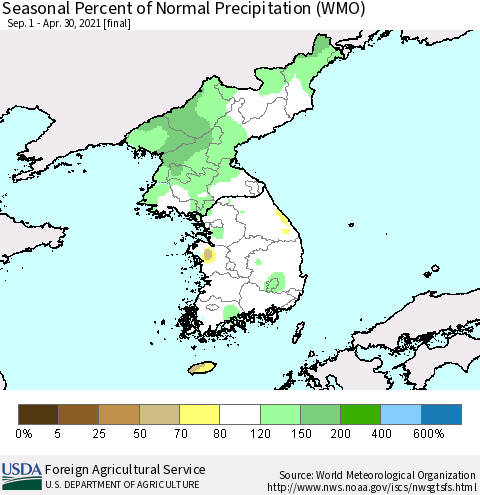 Korea Seasonal Percent of Normal Precipitation (WMO) Thematic Map For 9/1/2020 - 4/30/2021