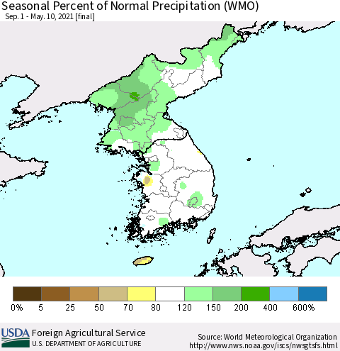 Korea Seasonal Percent of Normal Precipitation (WMO) Thematic Map For 9/1/2020 - 5/10/2021