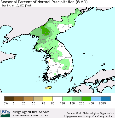 Korea Seasonal Percent of Normal Precipitation (WMO) Thematic Map For 9/1/2020 - 6/10/2021