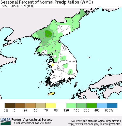 Korea Seasonal Percent of Normal Precipitation (WMO) Thematic Map For 9/1/2020 - 6/30/2021