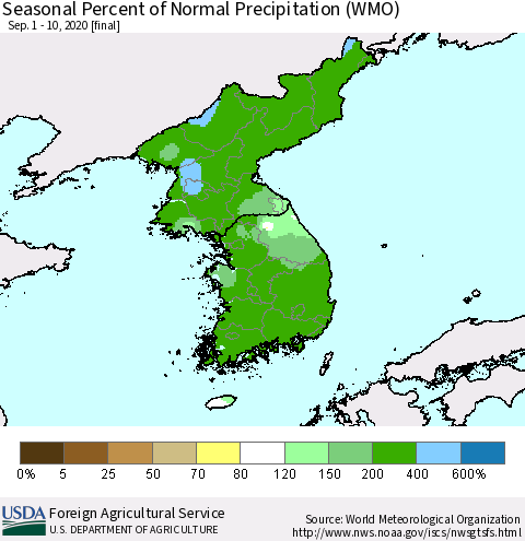 Korea Seasonal Percent of Normal Precipitation (WMO) Thematic Map For 9/1/2020 - 9/10/2020