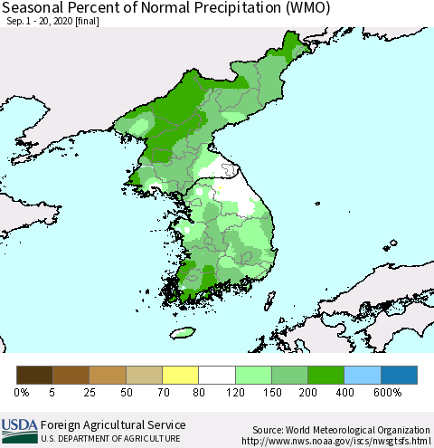 Korea Seasonal Percent of Normal Precipitation (WMO) Thematic Map For 9/1/2020 - 9/20/2020
