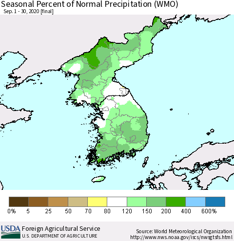 Korea Seasonal Percent of Normal Precipitation (WMO) Thematic Map For 9/1/2020 - 9/30/2020