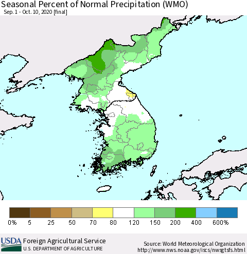 Korea Seasonal Percent of Normal Precipitation (WMO) Thematic Map For 9/1/2020 - 10/10/2020